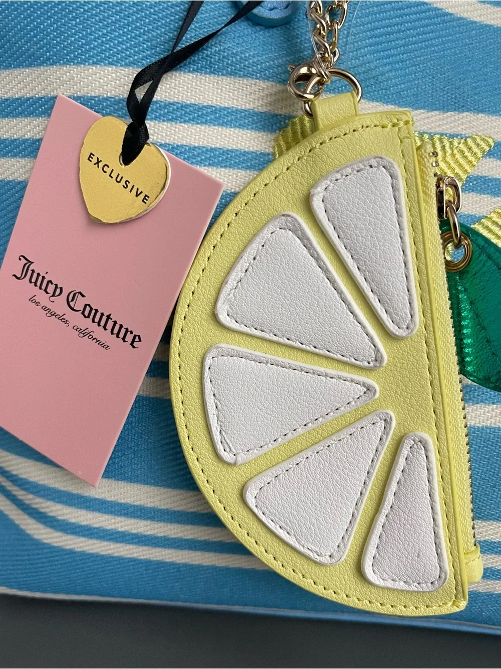 Juicy Couture Paradise Tote Blue White Lemon Striped Canvas